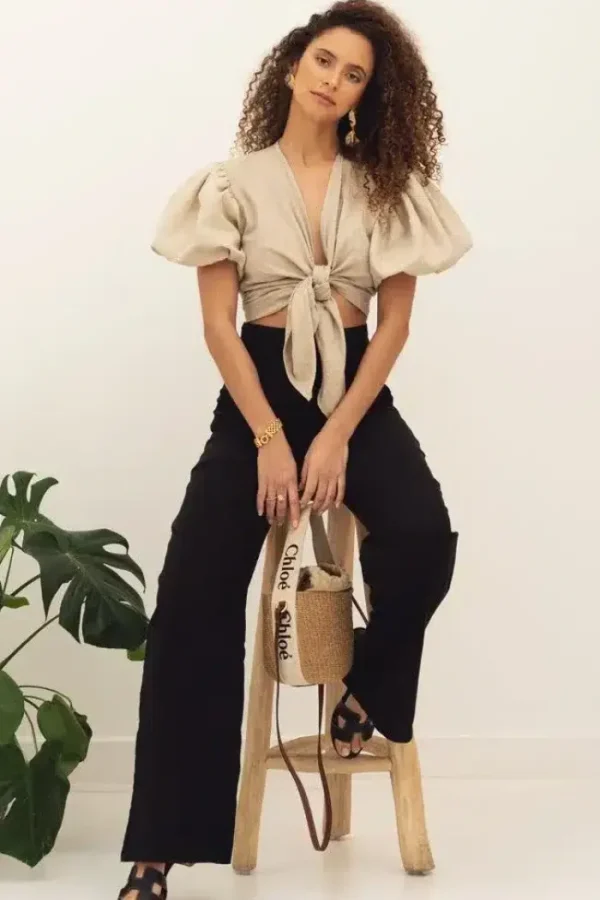 Lopezientos Camisa mujer corta con manga farol ⋆ Arena,Blanco,Negro Sale