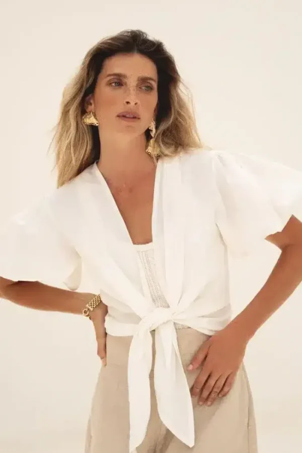 Lopezientos Camisa mujer corta con manga farol ⋆ Arena,Blanco,Negro Sale