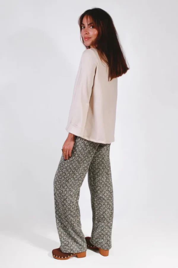 Lopezientos Pantalón mujer recto de pana estampado Batik ⋆ Verde New