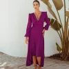Lopezientos Vestido mujer de fiesta con frunces y falda con capa. ⋆ Berengena Outlet