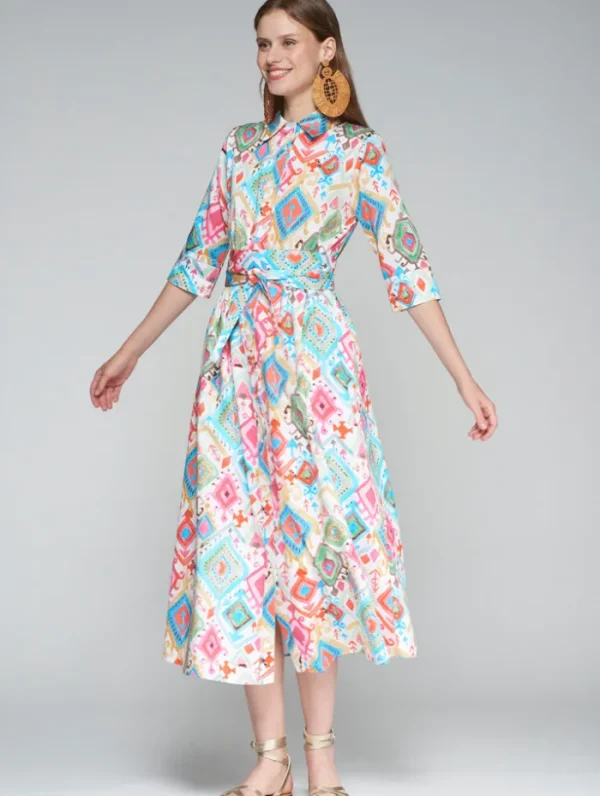 Lopezientos Vestido mujer midi camisero de algodón aquarela ⋆ estampado Sale